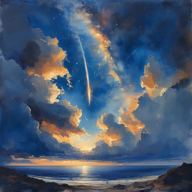 A bright meteor leaves a trail across a dramatic sky filled with orange and blue clouds above a calm sea horizon.