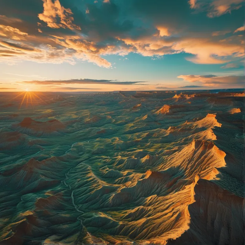 Eroded badlands terrain bathed in warm golden light from the low sun while blue shadows fill deep valleys.