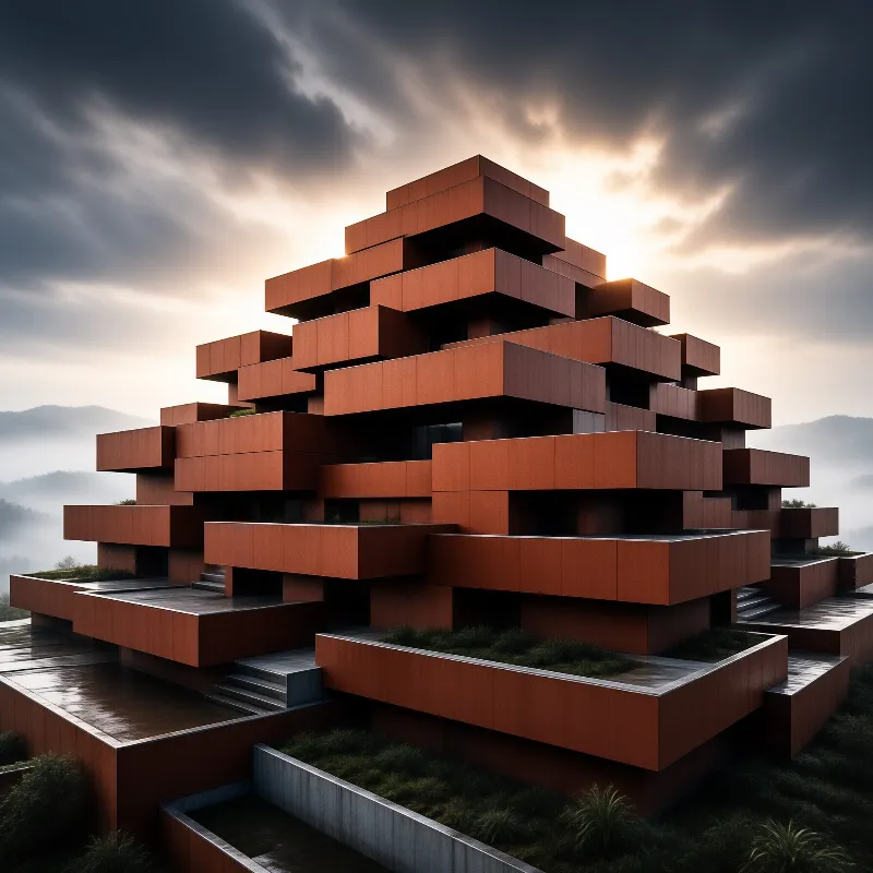 A massive structure of stacked reddish blocks rises above foggy peaks as light breaks through the dark clouds.