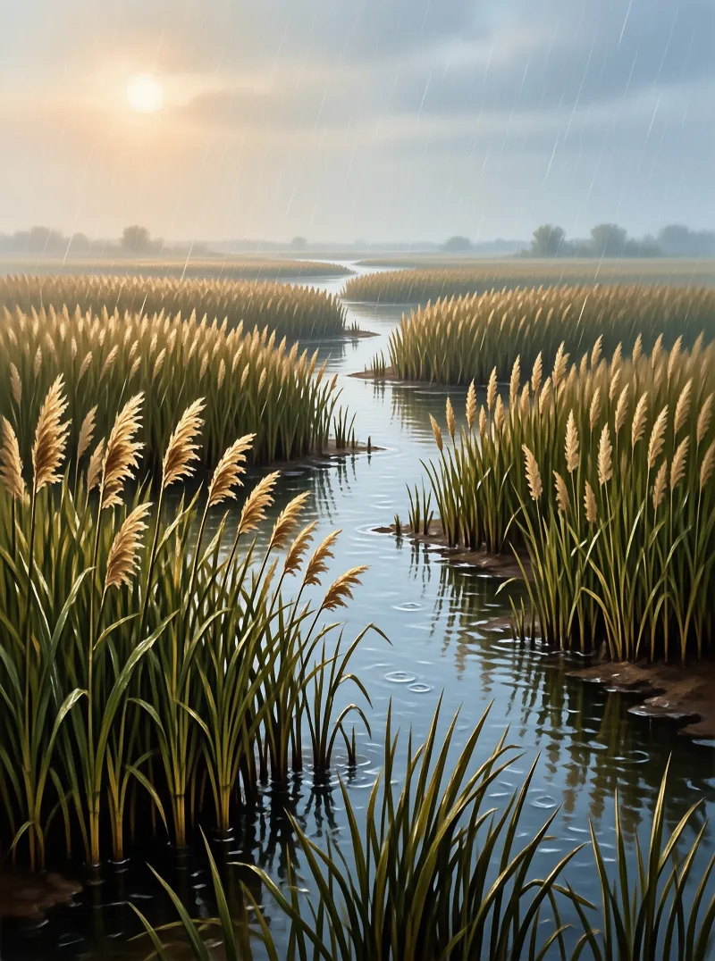 Tall golden grasses line a narrow water channel while steady rain falls under a bright cloudy sky.