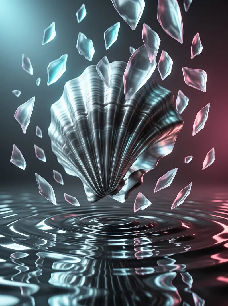 A ribbed metallic shell hovers over dark rippling water surrounded by floating crystal shards.