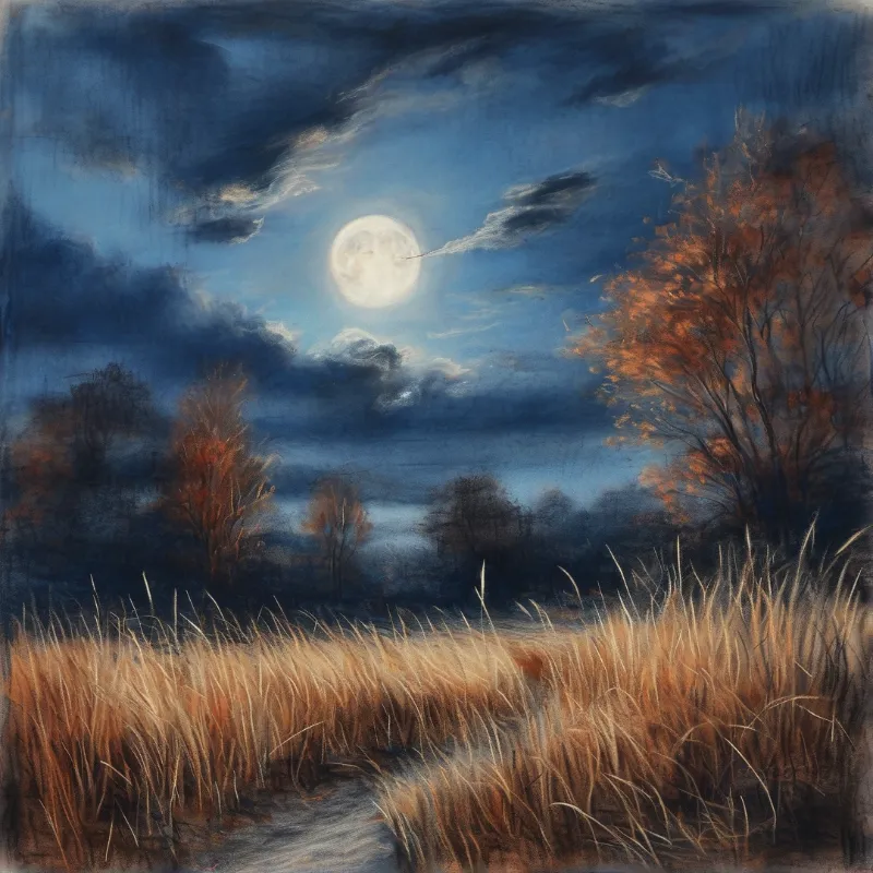 A luminous full moon drifts through heavy indigo clouds above rust-colored trees and a field of dry golden grass.