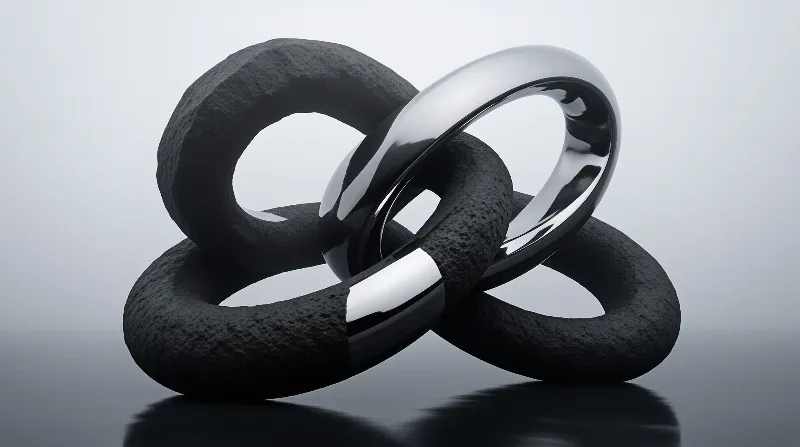 Two rough dark stone rings interlock with two shiny silver metal rings on a smooth reflective gray floor.