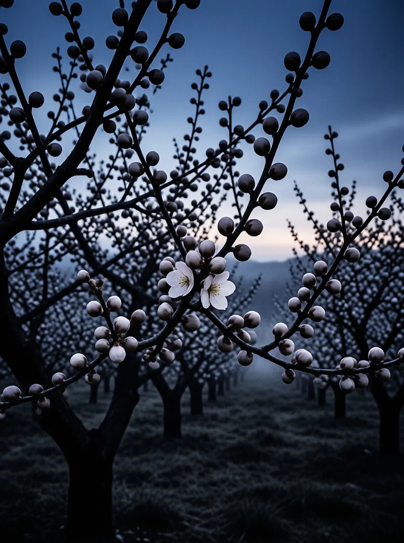 White flowers bloom on a bud-covered branch against a background of trees and a deep blue twilight sky.