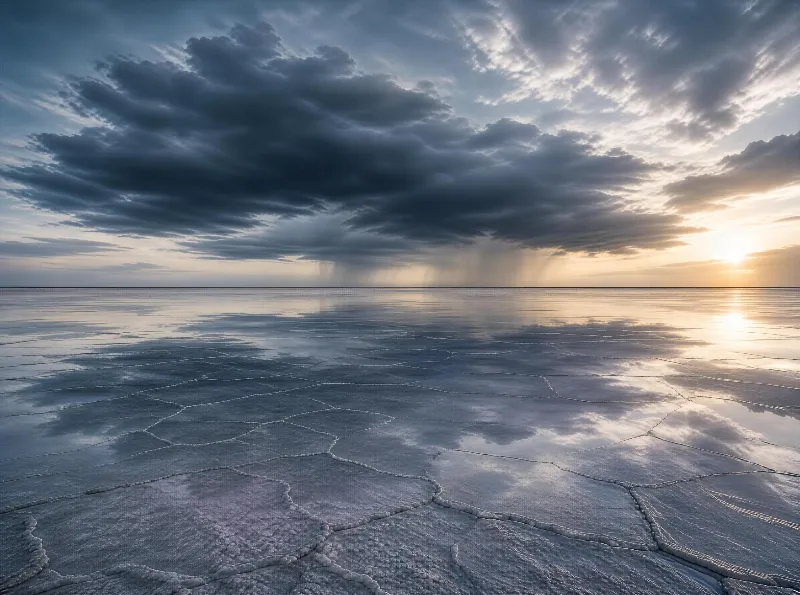 A vast salt flat with cracked, polygonal surfaces under a dramatic sky of dark clouds and a glowing sunset, where light reflects off the wet ground creating mirror-like effects