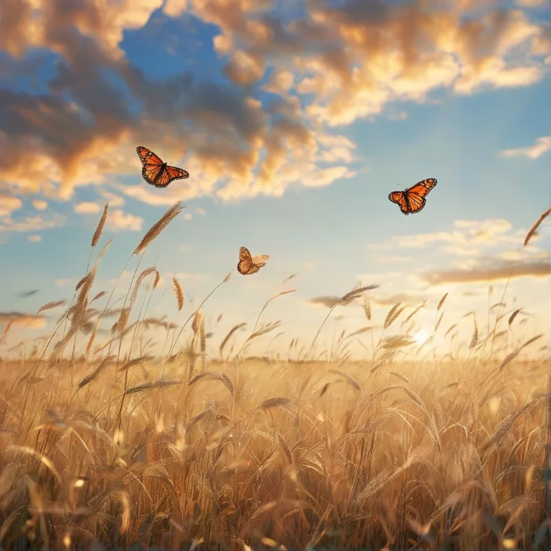 Three orange monarch butterflies glide above a sunlit golden wheat field beneath a blue sky with glowing clouds