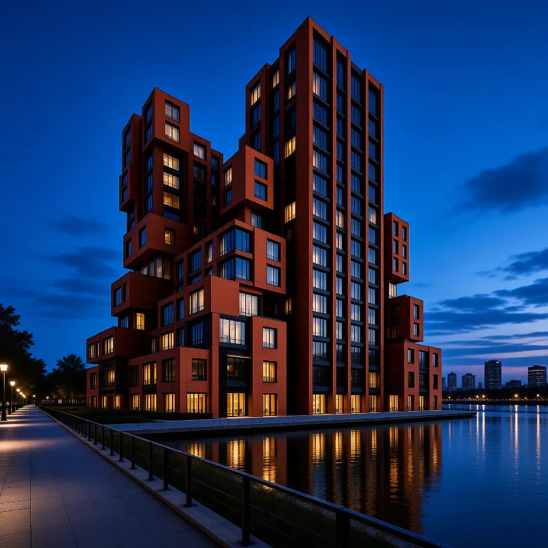 A red boxy building with glowing windows stands beside a calm waterway reflecting warm lights under a deep blue evening sky.