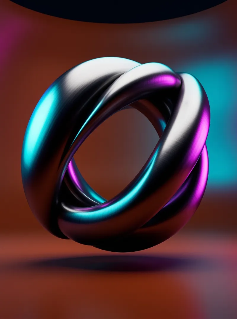 A glossy metallic knot floats in a void, reflecting vibrant cyan and magenta light against a warm brown backdrop.