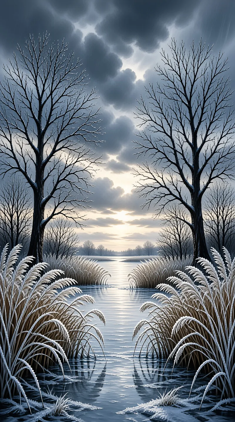 Winter landscape with a frozen river flanked by tall grasses covered in frost under a dramatic cloudy sky.