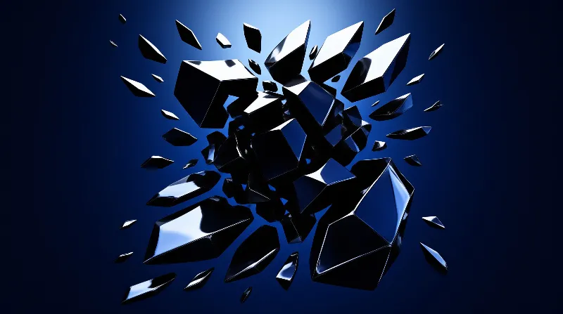 Dark glass fragments explode outward against a luminous blue gradient featuring high contrast reflective highlights.