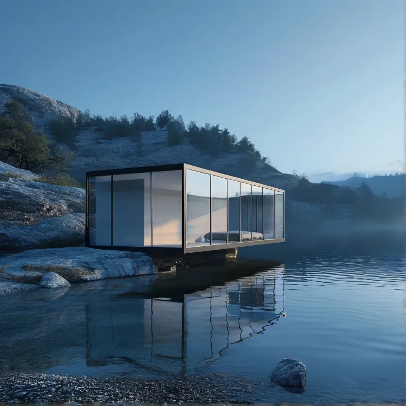 A long glass building with dark framing rests on a rocky shore beside a calm blue lake, reflecting in the water.