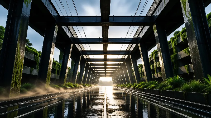 Wet concrete underpass covered in green vines with bright sunlight shining through the opening at the end.