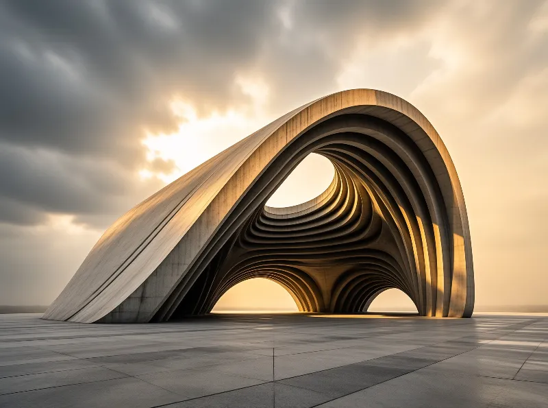 A large curved concrete building stands on a paved plaza while warm sunlight illuminates its layered arches against a cloudy sky.