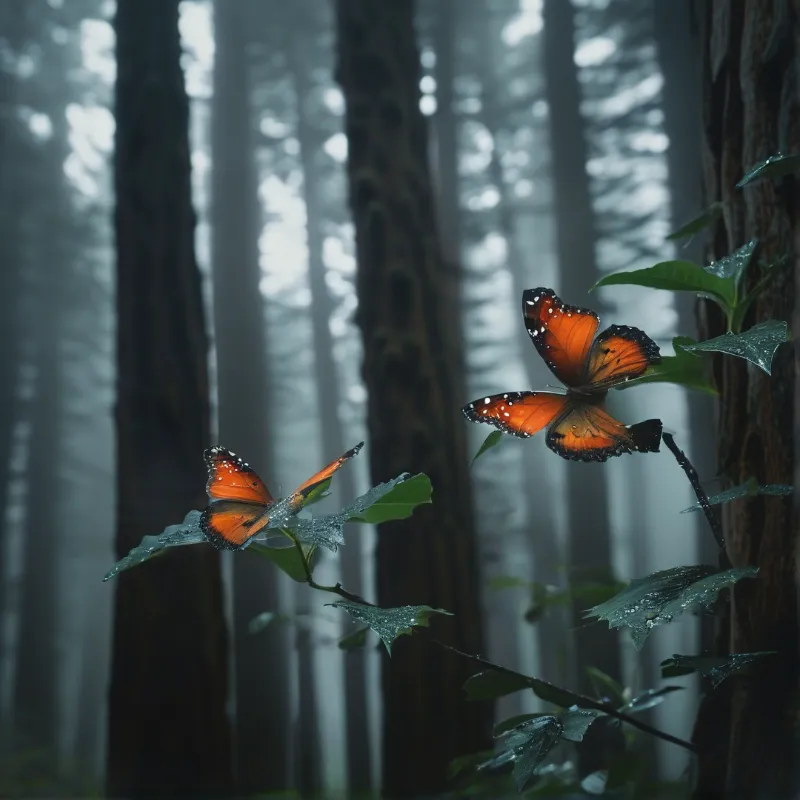 Two bright orange butterflies rest on wet green leaves inside a dim, foggy forest with tall blurred tree trunks in the background.