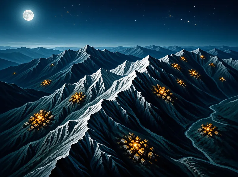 Snowy mountain peaks stretch beneath a bright moon while glowing gold mineral deposits shine across the ridges.