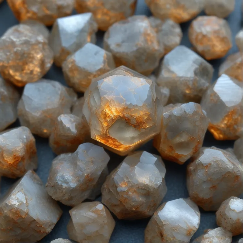 A close-up view of translucent mineral clusters featuring golden internal fractures illuminated by soft warm light.