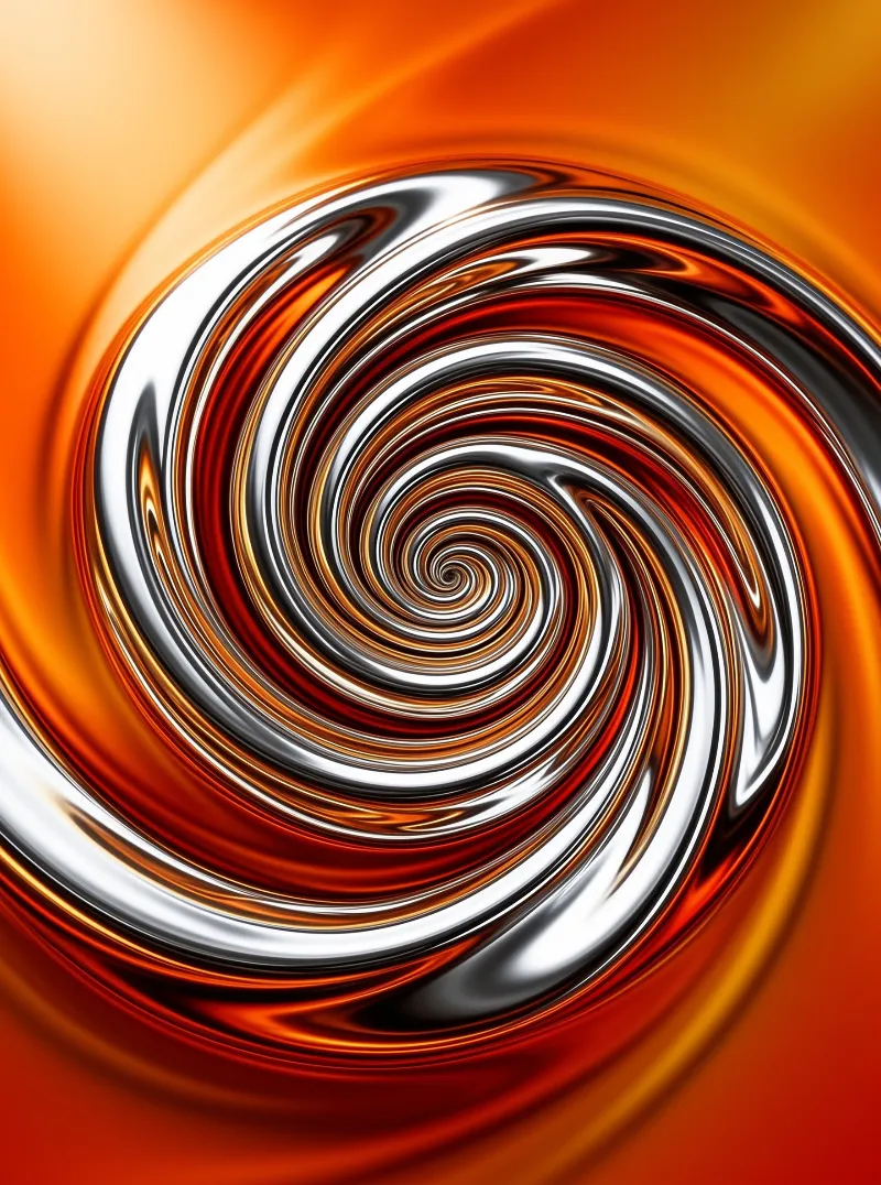 Concentric ribbons of polished metal twist inward against a glowing amber field, catching white highlights on each curve.