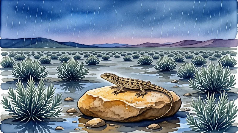 A tan reptile with dark markings crouches on an ochre stone while rain falls over rows of spiky desert shrubs.