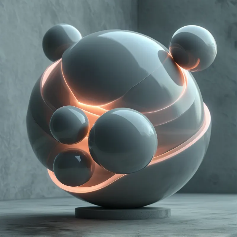 Smooth grey sculpture of merged spheres sits on a base, glowing warm orange from within against a textured wall.