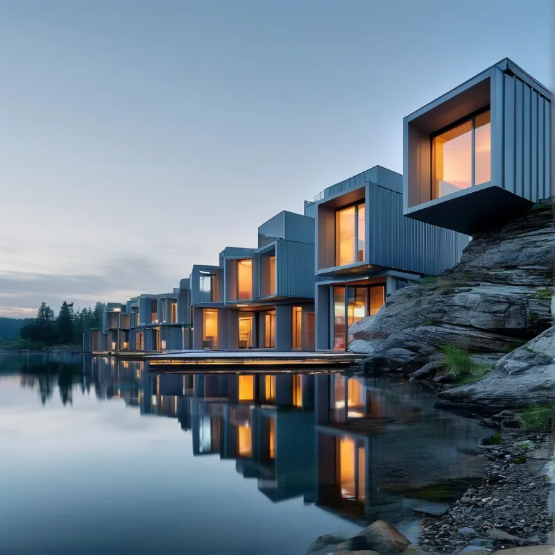 Modern structures with illuminated windows stand on a rocky lakeshore beside a calm lake reflecting their warm light at dusk.