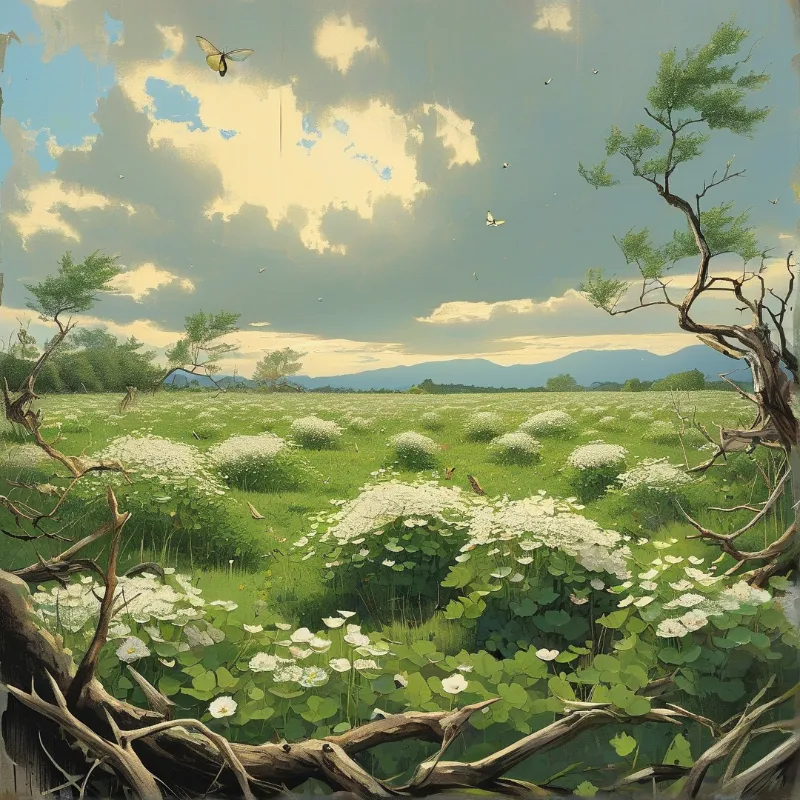 Wide meadow of white flowering plants framed by bare trees, with butterflies and distant mountains under warm pale sunlight