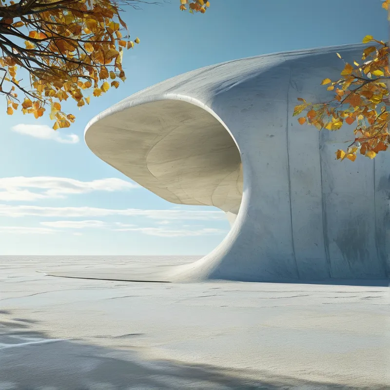 A smooth curved concrete form with a circular doorway stands on open ground beneath yellow autumn foliage.