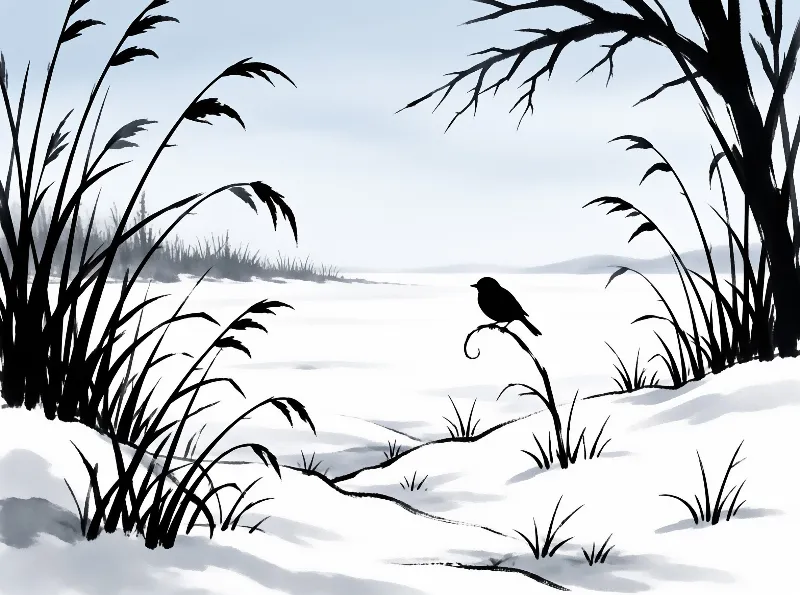 High contrast illustration of a black bird perched on a snow-covered branch with tall reeds framing the scene.