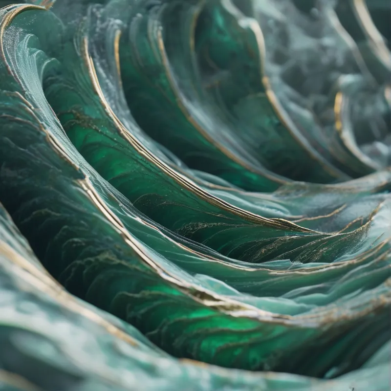 Emerald green fluid forms organic waves accented by thin golden lines reflecting soft light across the curved surface.