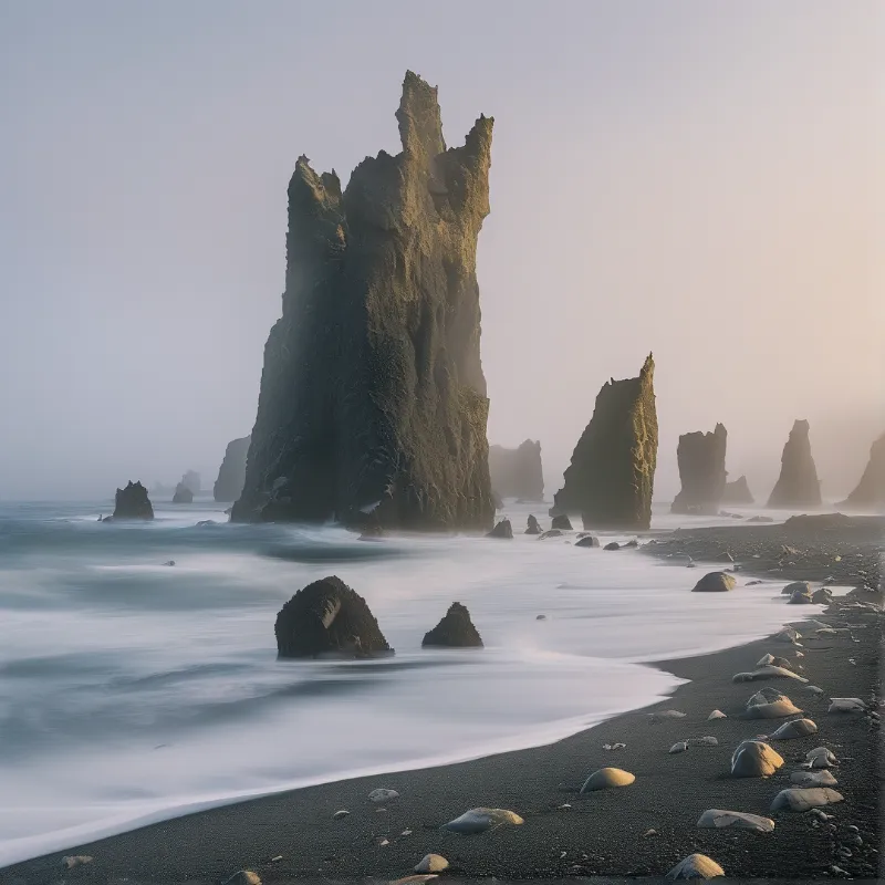 Jagged volcanic rock formations rise from the ocean next to a dark sandy beach under soft foggy lighting.
