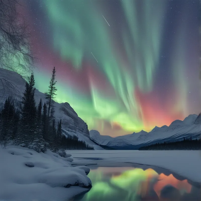 Green aurora lights shimmer above a frozen lake and snow-covered mountains under a starry sky with shooting stars.