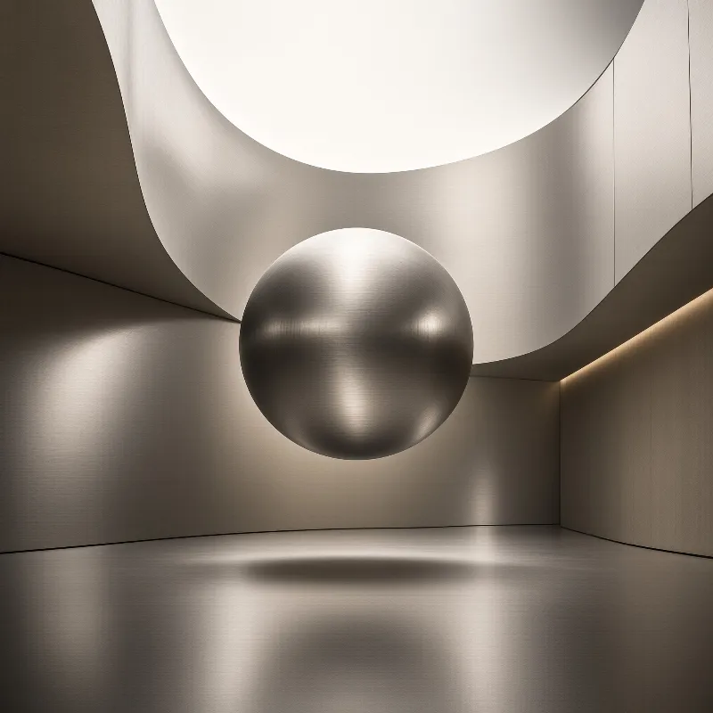 A large reflective metal sphere floats centrally within a futuristic curved room illuminated by soft overhead light.