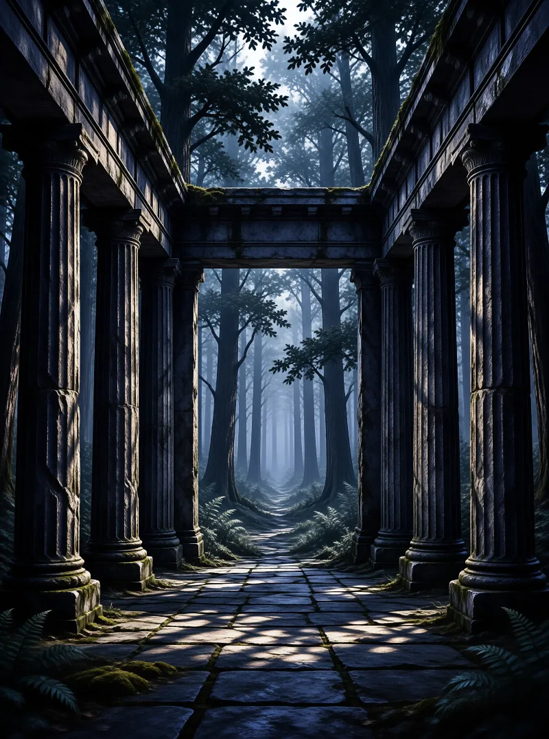 A symmetrical arrangement of weathered stone columns frames a cobblestone path leading deep into a foggy blue forest.