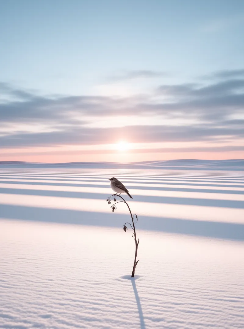 A tiny brown bird rests on a dried plant stalk rising from striped snow at soft sunrise.
