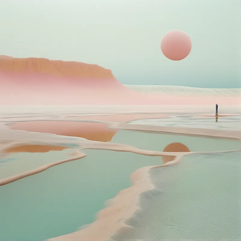A solitary figure stands on a reflective salt flat beneath a large pink orb in a pastel-colored desert landscape