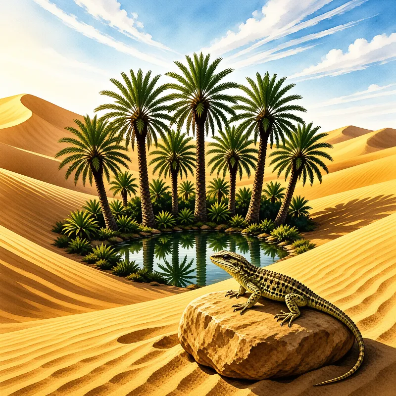 A patterned reptile rests on a sunlit stone before a lush green palm grove centered in vast golden sand dunes.