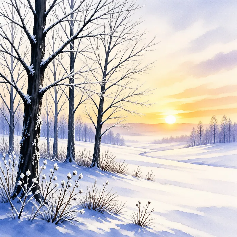 Tall leafless trees covered in frost stand in the foreground of a rolling snowy field bathed in warm golden sunrise light.