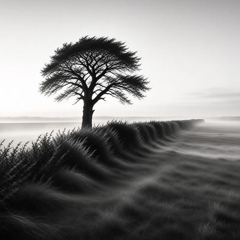 Acacia Tree Standing In Misty Grassy Field