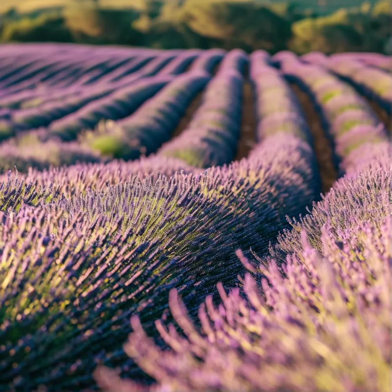 A close up view of purple lavender bushes growing in long rows that curve gently across a sunlit field