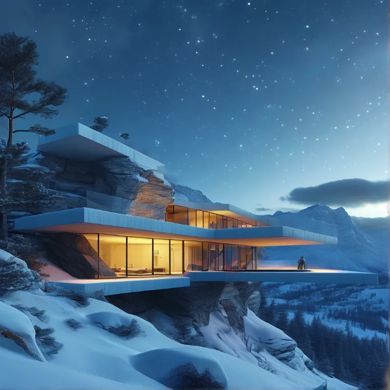 Modern Snowy House at Night