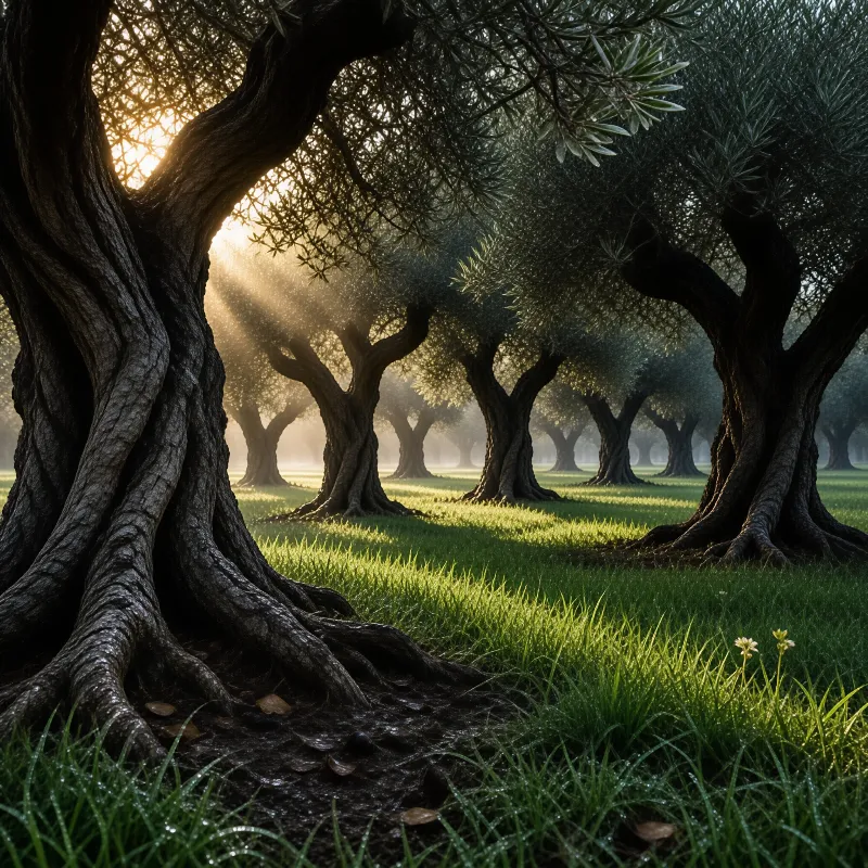 Beams of sunlight pierce through a dense olive grove highlighting twisted roots and vibrant green grass in the mist.