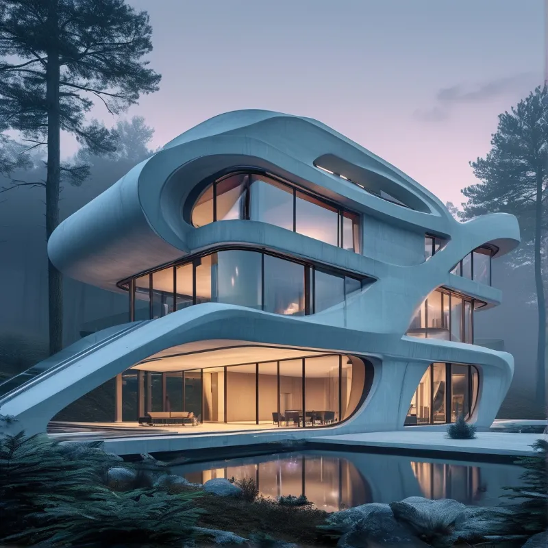 A multi-level curved white house with glowing interiors nestled among tall pine trees and a reflective pool at twilight
