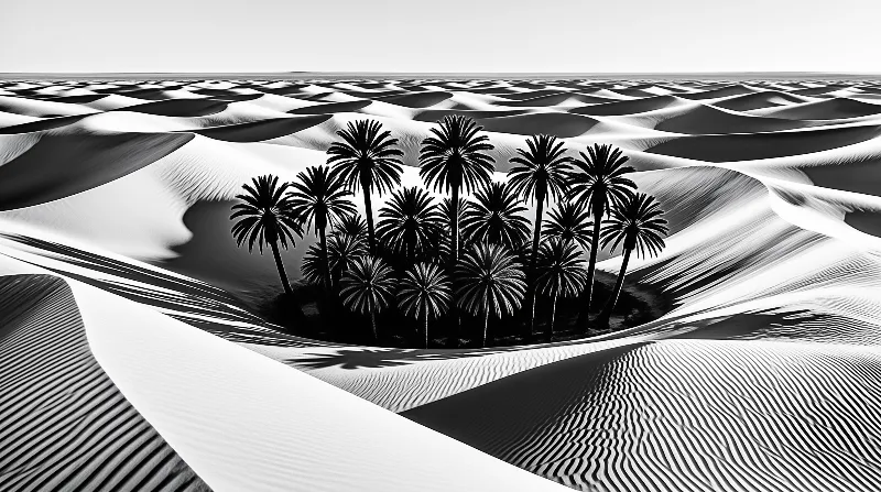 Palm trees cluster in a dark depression surrounded by endless rippled sand dunes in stark black and white contrast.