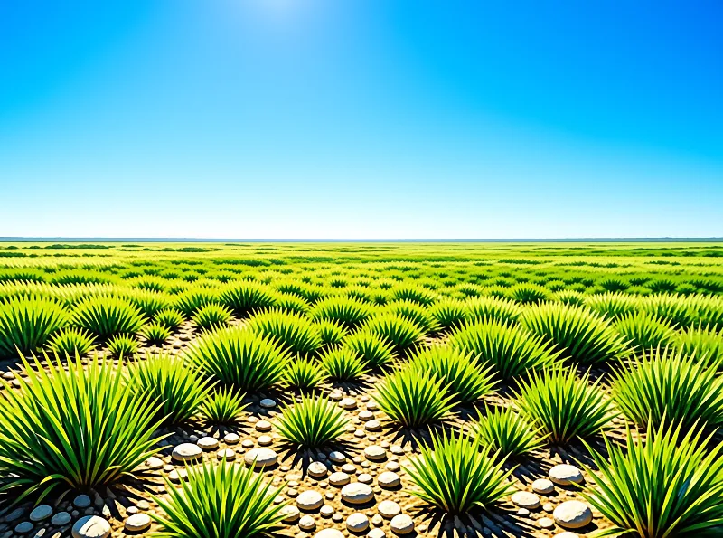 Rows of bright green spiky succulents in sandy soil with white stones under a clear blue sky