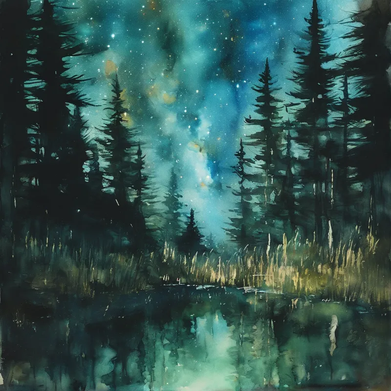 A watercolor painting of dark pine trees silhouetted against a starry blue sky above a reflective lake surface at night.