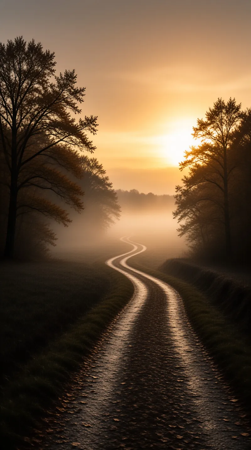 A wet path curves through a foggy forest as warm sunrise light illuminates the treeline and reflects off the damp ground.