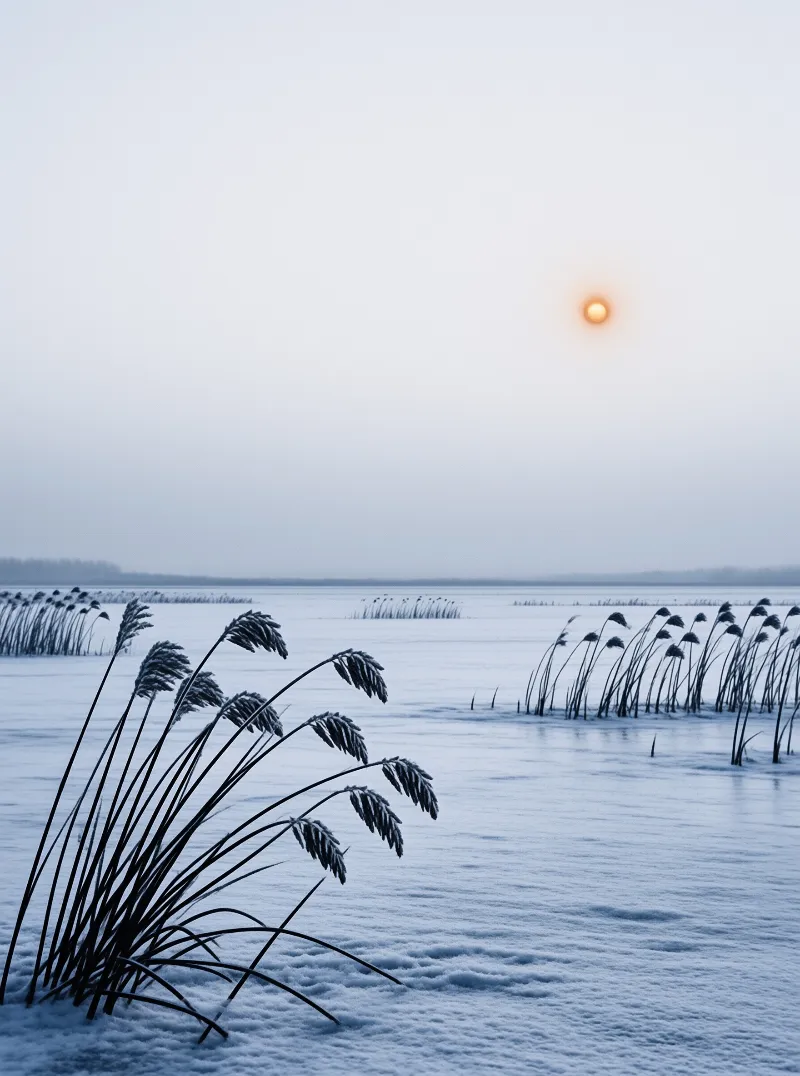 Dark frosted reeds bend over a vast white frozen lake while a small orange sun hangs in the sky.