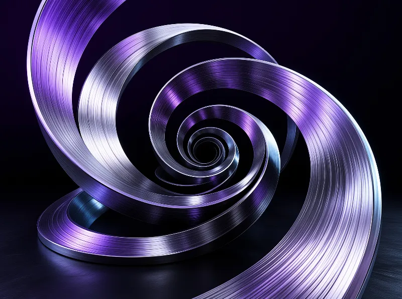Twisted iridescent purple and silver metallic ribbons coil into concentric spirals on a smooth dark reflective floor in low moody light.
