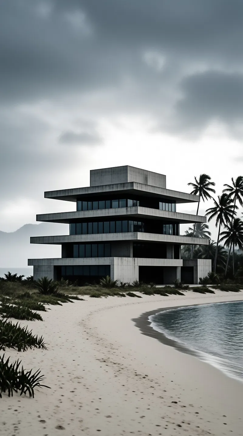A brutalist concrete villa rests on a quiet beach beside the sea while dark clouds gather above the palm trees.