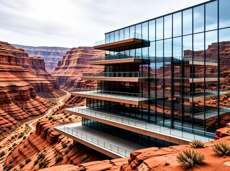 A multi story glass building with cantilevered balconies stands among layered red sandstone canyon walls.