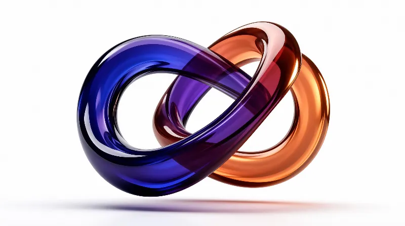 A pair of glossy interlinked rings in blue and copper hues hover above a white surface casting a soft shadow.
